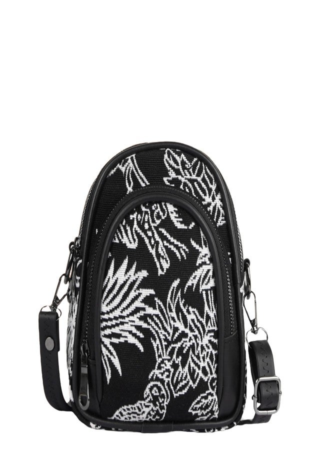 CULT FACTORY Fancy Black Sling Bag for Women Floral Print Side Purse for Girls with 3 Compartments and Long Belt Mobile Slingbag - Image 2